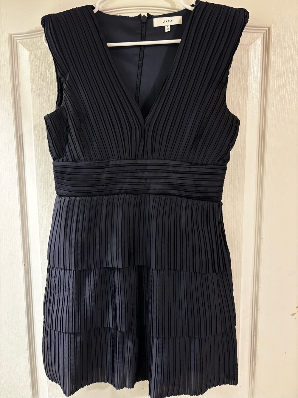 Likely Navy Pleated V-Neck Tiered Dress